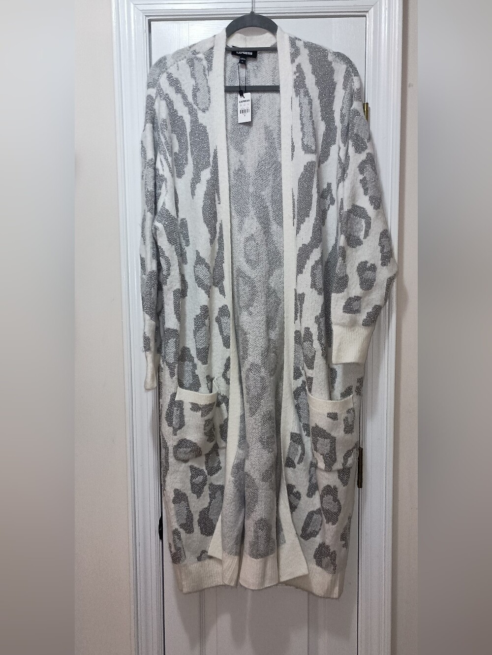 Express Long Open Cardigan Silver White Thread New With Tags XL